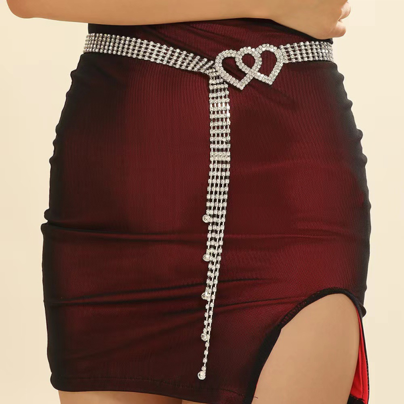 Belly Dance haslánc szív alakú rhinestone-okkal, réz anyag, rombusz csatt, sima csatt, kampóval záródó