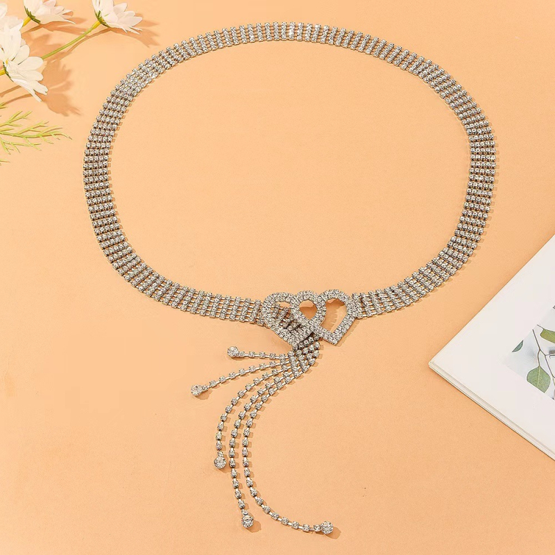 Belly Dance haslánc szív alakú rhinestone-okkal, réz anyag, rombusz csatt, sima csatt, kampóval záródó