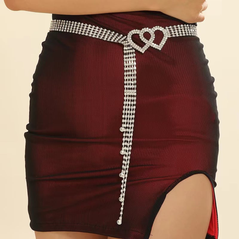 Belly Dance haslánc szív alakú rhinestone-okkal, réz anyag, rombusz csatt, sima csatt, kampóval záródó