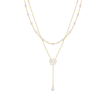 Colier cu lanț dublu pentru decolteu, din cupru, pandantiv din sidef, placare electro, multistrat, primăvara 2025