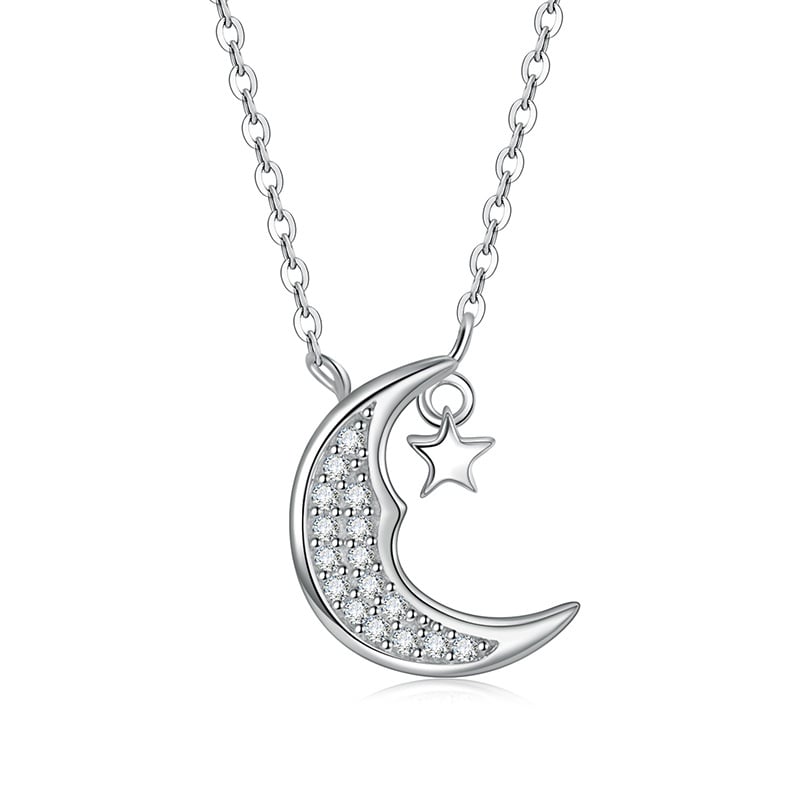 Colier din argint 925, placat cu argint-auriu, pandantiv în formă de stea cu Ochiul Diavolului, palmă, lună și stea, pe lanț cu motiv floare-cruci, stil lux ușor