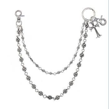 Vintage stílusú fém derékszíj lánc keresztes medállal és gyöngyökkel, farmerhez, hossz 60 cm alatt