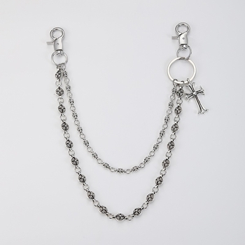 Vintage stílusú fém derékszíj lánc keresztes medállal és gyöngyökkel, farmerhez, hossz 60 cm alatt