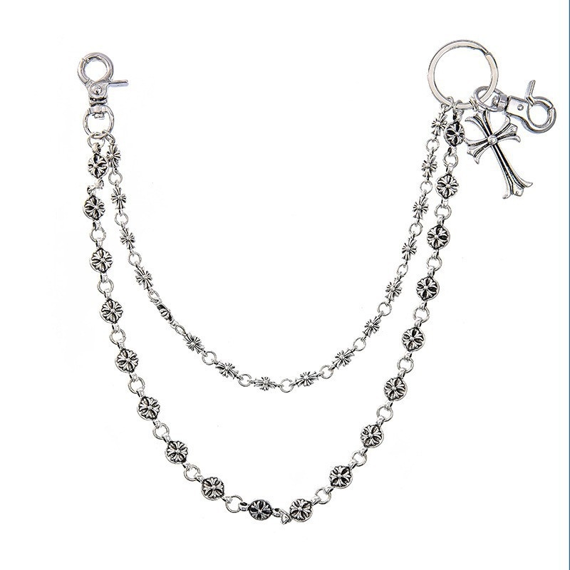 Vintage stílusú fém derékszíj lánc keresztes medállal és gyöngyökkel, farmerhez, hossz 60 cm alatt