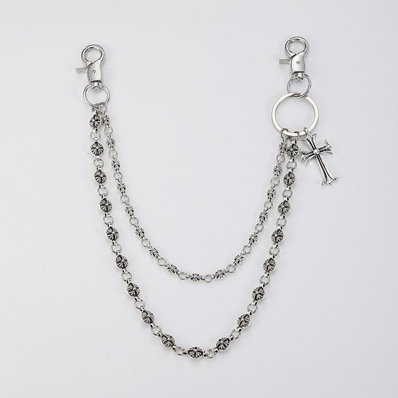 Vintage stílusú fém derékszíj lánc keresztes medállal és gyöngyökkel, farmerhez, hossz 60 cm alatt