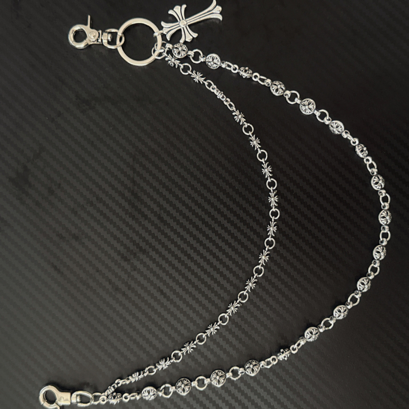 Vintage stílusú fém derékszíj lánc keresztes medállal és gyöngyökkel, farmerhez, hossz 60 cm alatt