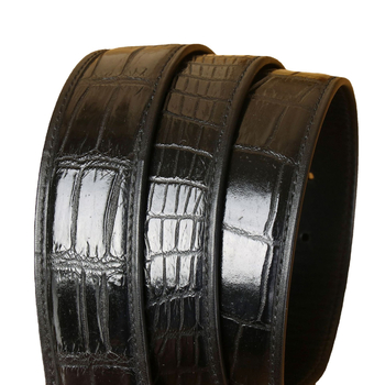 Férfi bőrből készült öv, embossolt krokodilhas mintával, első réteg marhabőr, réz csat, sima zárás