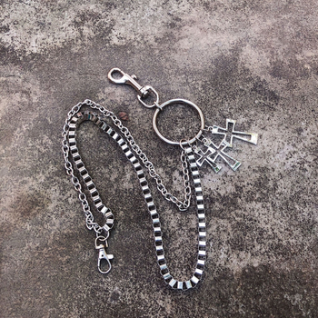 Haoda Férfi kereszttel díszített nadrágszíj-lánc – dupla lánc, punk stílusú farmernadrágokhoz és utcai tánchoz, fém, ötvözet csat, kampó zárás, szélesség >4 cm, retro irodalmi-művészeti stílus