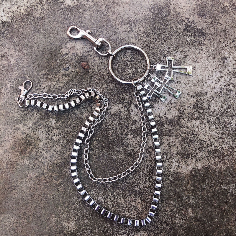 Haoda Férfi kereszttel díszített nadrágszíj-lánc – dupla lánc, punk stílusú farmernadrágokhoz és utcai tánchoz, fém, ötvözet csat, kampó zárás, szélesség >4 cm, retro irodalmi-művészeti stílus