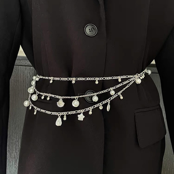 Lanț talie cu perle și pandant din scoică, design multipas, metal, stil hip-hop, lățime 1 cm, greutate 52,6 g