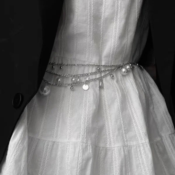 Lanț talie cu perle și pandant din scoică, design multipas, metal, stil hip-hop, lățime 1 cm, greutate 52,6 g