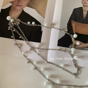 Lanț talie cu perle și pandant din scoică, design multipas, metal, stil hip-hop, lățime 1 cm, greutate 52,6 g