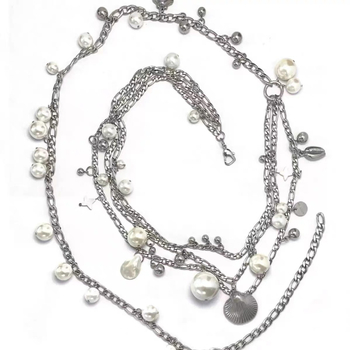 Lanț talie cu perle și pandant din scoică, design multipas, metal, stil hip-hop, lățime 1 cm, greutate 52,6 g