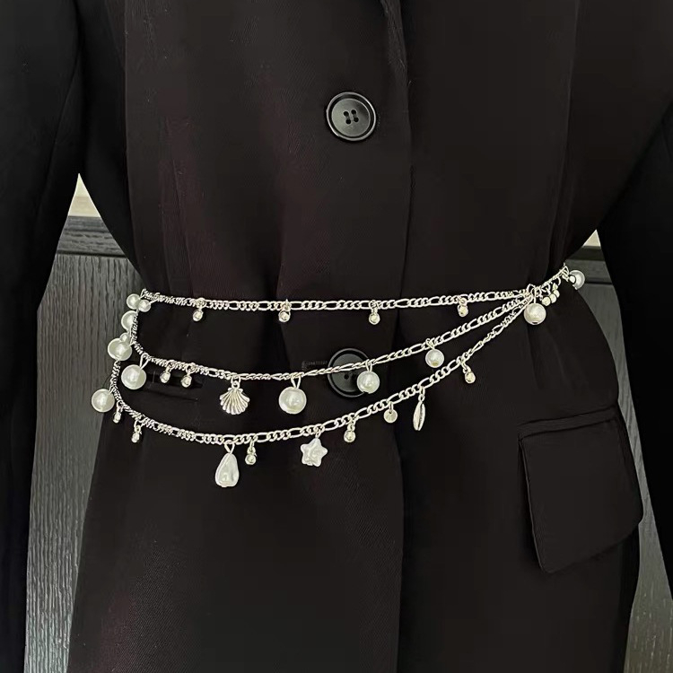 Lanț talie cu perle și pandant din scoică, design multipas, metal, stil hip-hop, lățime 1 cm, greutate 52,6 g