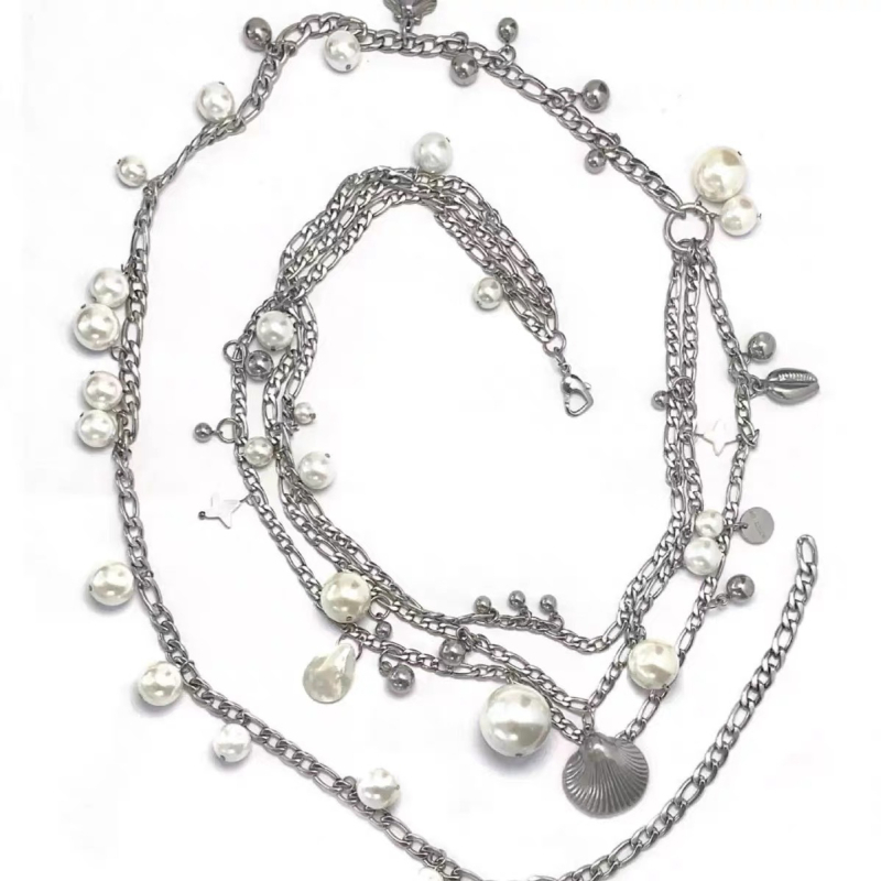 Lanț talie cu perle și pandant din scoică, design multipas, metal, stil hip-hop, lățime 1 cm, greutate 52,6 g