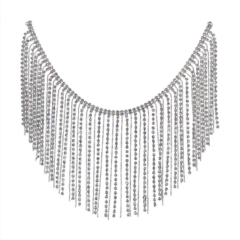 Fém testlánc rhinestone kövekkel, kampós zár, vékony szélesség (<2 cm), ezüst elektroplatt felület, Flow comb dizájn