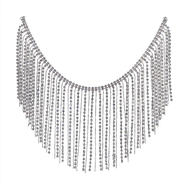 Fém testlánc rhinestone kövekkel, kampós zár, vékony szélesség (<2 cm), ezüst elektroplatt felület, Flow comb dizájn