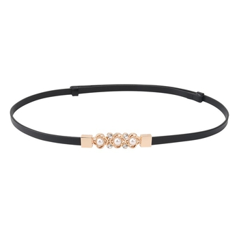 Női állítható marhabőr öv gyöngyös virág díszítéssel, vékony szélesség (<2 cm), két réteg marhabőr, ötvözet csattal, kampó zárás