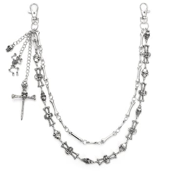 Lanț metalic pentru talie cu craniu – unisex, stil Hip Hop / Punk întunecat, lungime sub 60 cm, bucle duble de cerc pentru curea