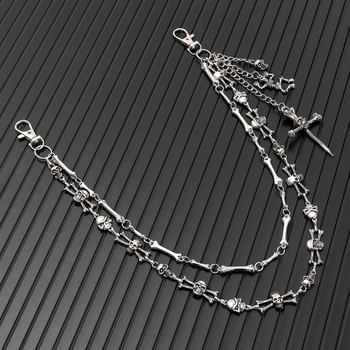 Lanț metalic pentru talie cu craniu – unisex, stil Hip Hop / Punk întunecat, lungime sub 60 cm, bucle duble de cerc pentru curea