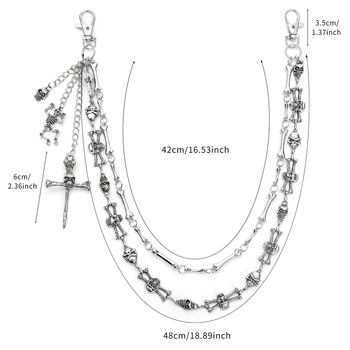 Lanț metalic pentru talie cu craniu – unisex, stil Hip Hop / Punk întunecat, lungime sub 60 cm, bucle duble de cerc pentru curea