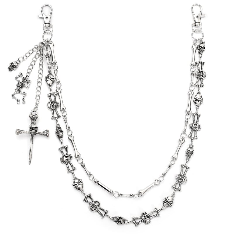 Lanț metalic pentru talie cu craniu – unisex, stil Hip Hop / Punk întunecat, lungime sub 60 cm, bucle duble de cerc pentru curea