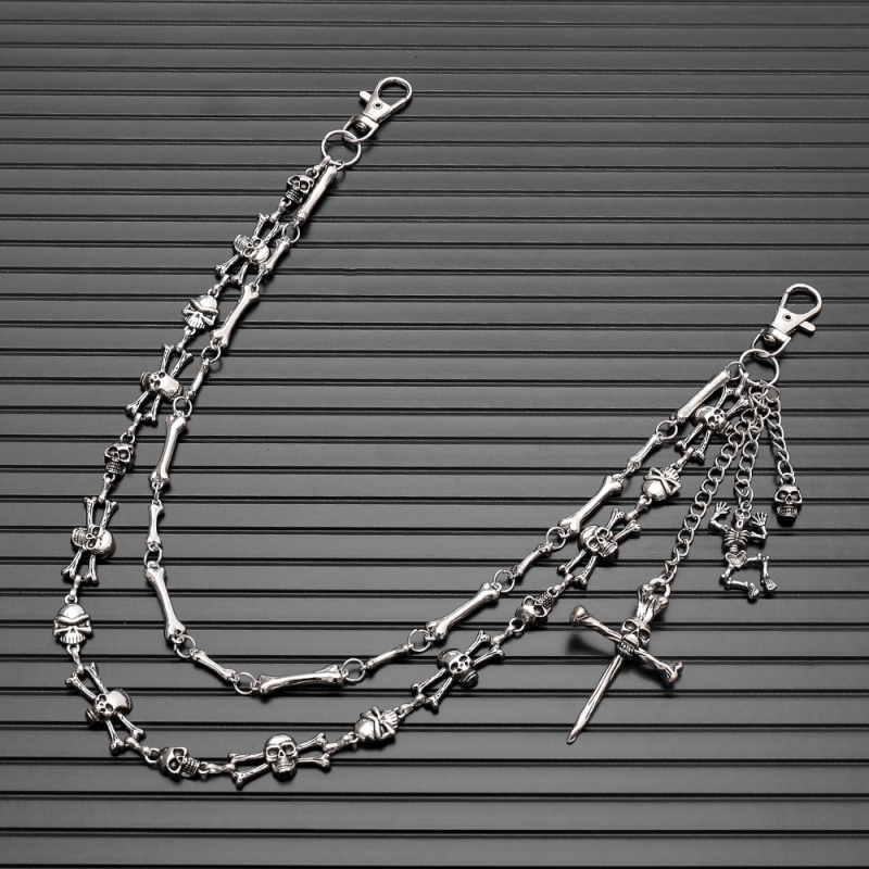 Lanț metalic pentru talie cu craniu – unisex, stil Hip Hop / Punk întunecat, lungime sub 60 cm, bucle duble de cerc pentru curea
