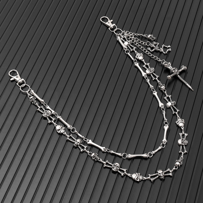 Lanț metalic pentru talie cu craniu – unisex, stil Hip Hop / Punk întunecat, lungime sub 60 cm, bucle duble de cerc pentru curea