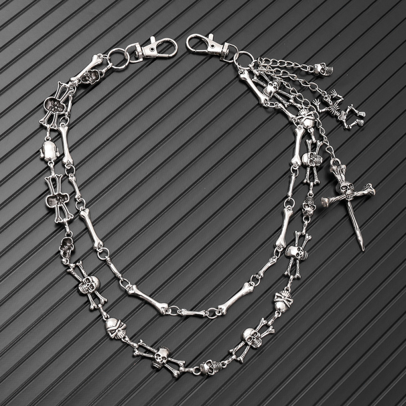 Lanț metalic pentru talie cu craniu – unisex, stil Hip Hop / Punk întunecat, lungime sub 60 cm, bucle duble de cerc pentru curea