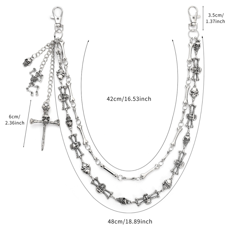 Lanț metalic pentru talie cu craniu – unisex, stil Hip Hop / Punk întunecat, lungime sub 60 cm, bucle duble de cerc pentru curea