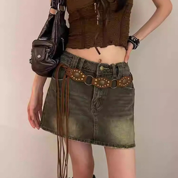 Curea boemă Y2K pentru femei, din piele PU cu mărgele, cataramă din aliaj, închidere cu știft, lățime peste 4 cm