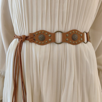 Curea boemă Y2K pentru femei, din piele PU cu mărgele, cataramă din aliaj, închidere cu știft, lățime peste 4 cm