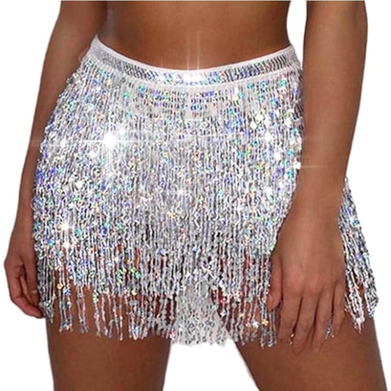 Pojas za belly dance s četiri sloja šljokica i resica, chiffon pojas, širina >4 cm, kopča na traku, pleteni materijal, stil: univerzalan