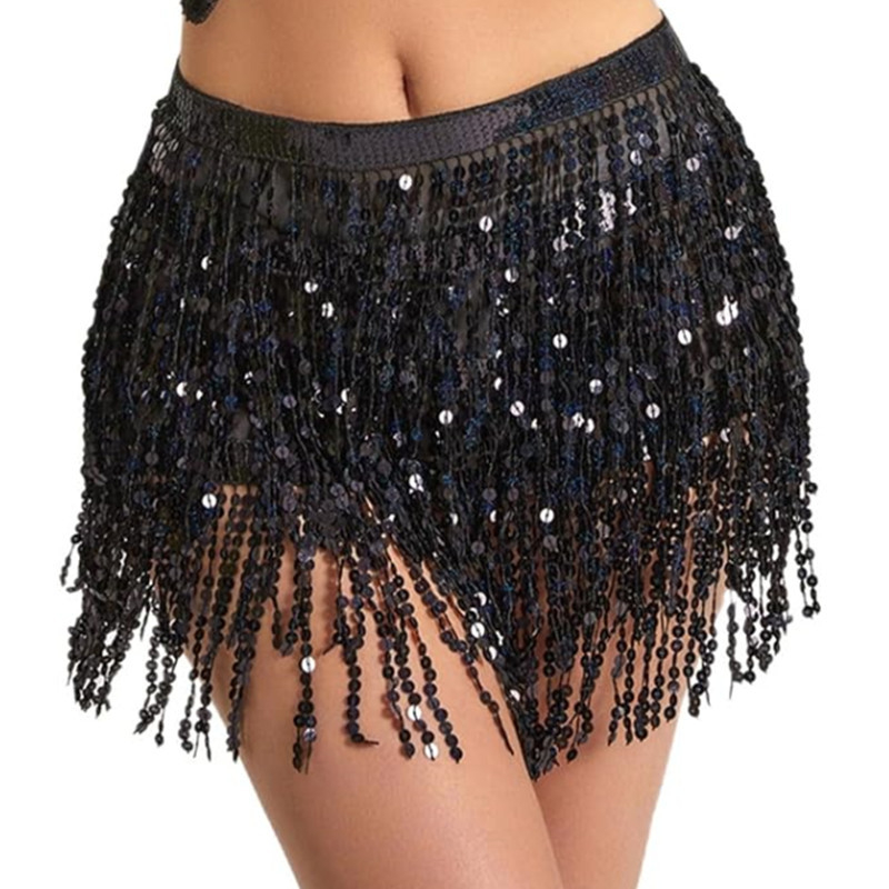 Pojas za belly dance s četiri sloja šljokica i resica, chiffon pojas, širina >4 cm, kopča na traku, pleteni materijal, stil: univerzalan