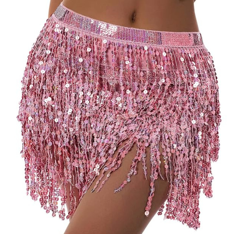 Pojas za belly dance s četiri sloja šljokica i resica, chiffon pojas, širina >4 cm, kopča na traku, pleteni materijal, stil: univerzalan