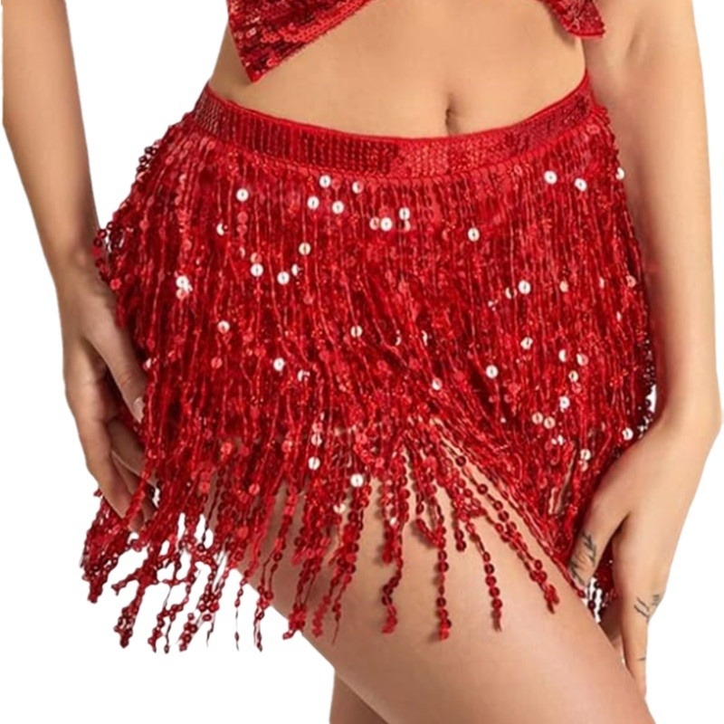 Pojas za belly dance s četiri sloja šljokica i resica, chiffon pojas, širina >4 cm, kopča na traku, pleteni materijal, stil: univerzalan