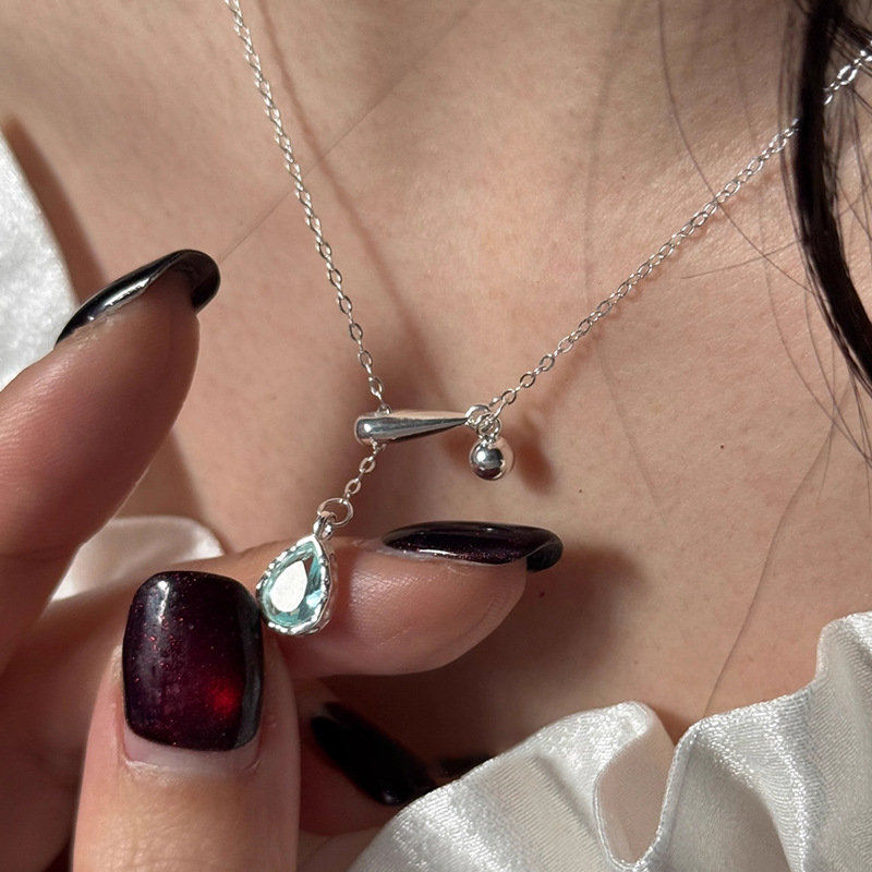 Colier Miesika S925 din argint cu pandantiv în formă de picătură de apă și piatră prețioasă, inlay cu diamant, lanț încrucișat, design luxos discret