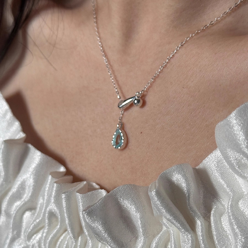 Colier Miesika S925 din argint cu pandantiv în formă de picătură de apă și piatră prețioasă, inlay cu diamant, lanț încrucișat, design luxos discret