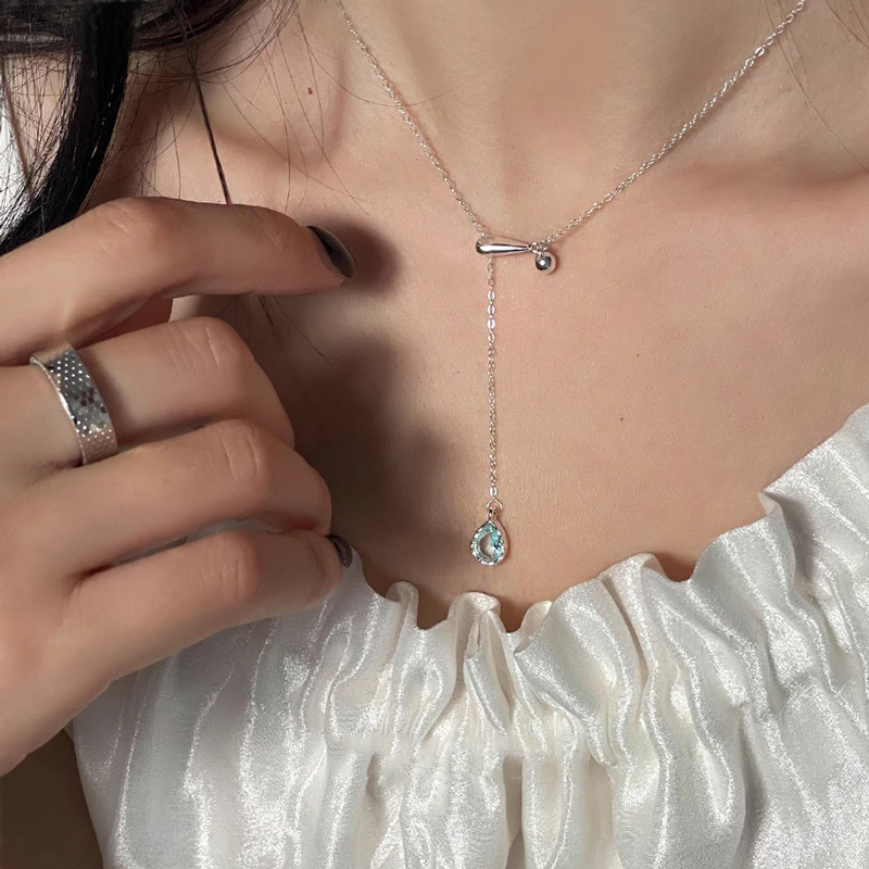 Colier Miesika S925 din argint cu pandantiv în formă de picătură de apă și piatră prețioasă, inlay cu diamant, lanț încrucișat, design luxos discret