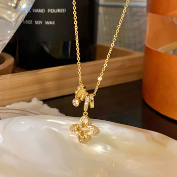 Χάλκινο κολιέ με ανθικό κρεμαστό από ζιρκόνιο σε αλυσίδα Lock-Bone, φλοράλ σχέδιο, ενσωματωμένα ζιρκόνια, βάρος 3,6 g, WN2164