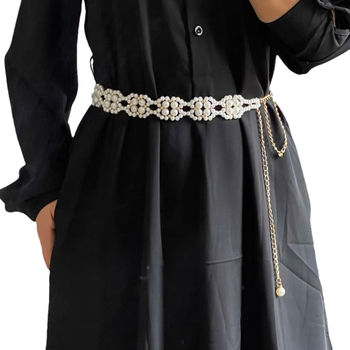 Αλυσίδα μέσης με μαργαριτάρια για φορέματα, κορεάτικος κομψός σχεδιασμός, συνθετικό δέρμα, μήκος 120 εκ