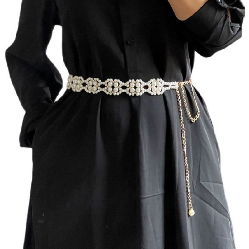 Αλυσίδα μέσης με μαργαριτάρια για φορέματα, κορεάτικος κομψός σχεδιασμός, συνθετικό δέρμα, μήκος 120 εκ