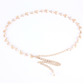 Αλυσίδα μέσης με πέρλες – κορεακού στυλ, μεταλλική ζώνη για φόρεμα με διακόσμηση φύλλου, με μονό γύρισμα