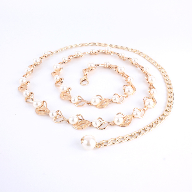 Αλυσίδα μέσης με πέρλες – κορεακού στυλ, μεταλλική ζώνη για φόρεμα με διακόσμηση φύλλου, με μονό γύρισμα