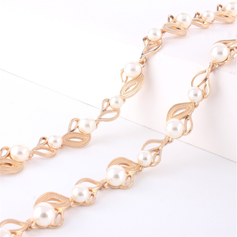 Αλυσίδα μέσης με πέρλες – κορεακού στυλ, μεταλλική ζώνη για φόρεμα με διακόσμηση φύλλου, με μονό γύρισμα