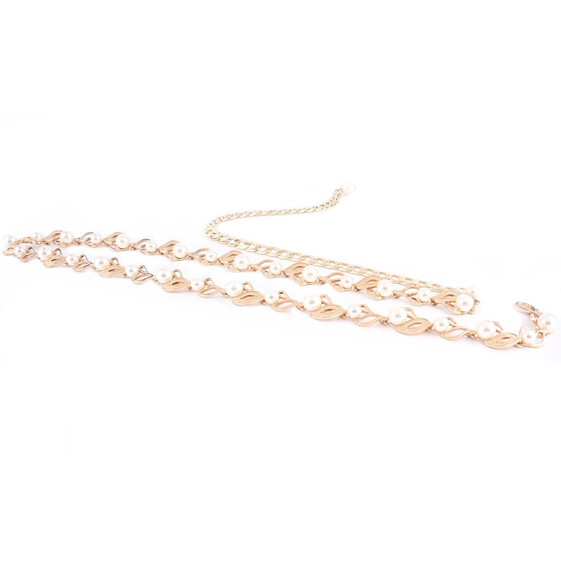 Αλυσίδα μέσης με πέρλες – κορεακού στυλ, μεταλλική ζώνη για φόρεμα με διακόσμηση φύλλου, με μονό γύρισμα