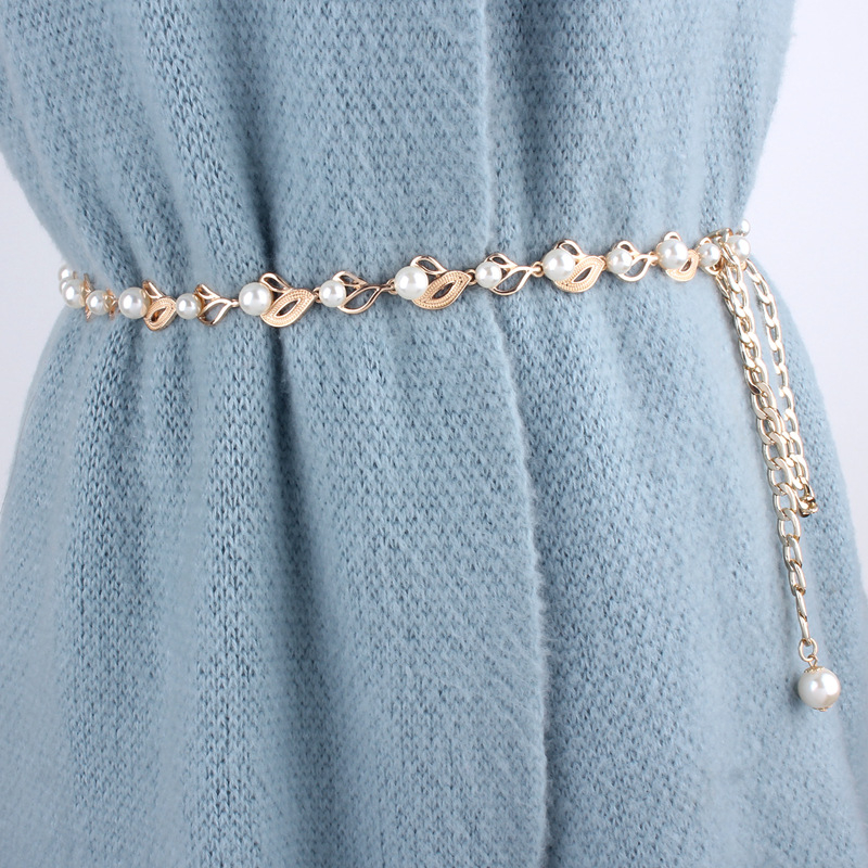 Αλυσίδα μέσης με πέρλες – κορεακού στυλ, μεταλλική ζώνη για φόρεμα με διακόσμηση φύλλου, με μονό γύρισμα