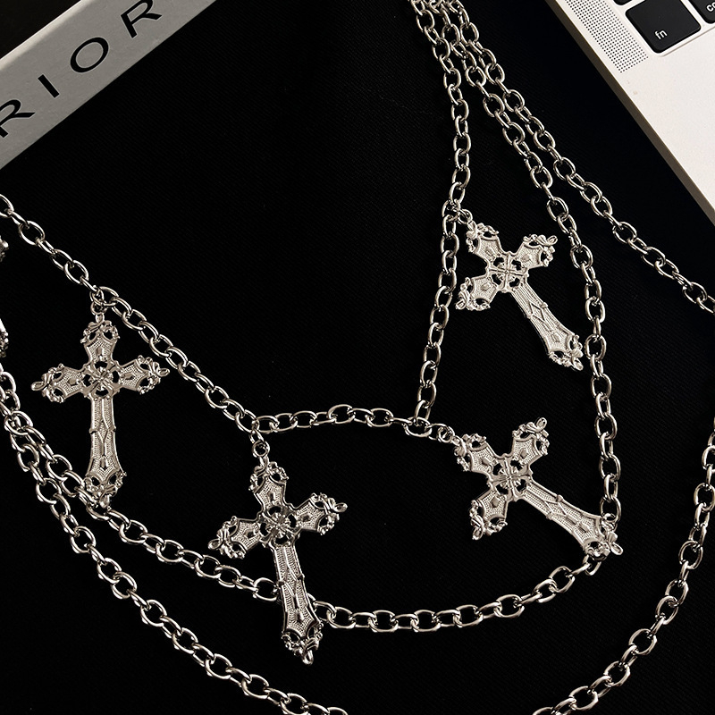 Μεταλλική ζώνη μέσης με σταυρό - Unisex, Πολυεπίπεδη πανκ αξεσουάρ, Πλάτος 2 εκ, Κυκλοφόρησε άνοιξη 2025