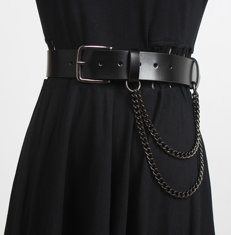 Γυναικεία ζώνη-αλυσσόζώνη με μεταλλικά στοιχεία, ρετρό-μοντέρνο ύφος (Υλικό: Αυθεντικό δέρμα; Κατασκευή: Διπλού στρώματος δέρμα αγελάδας; Τύπος ζώνης: Αλυσίδα)