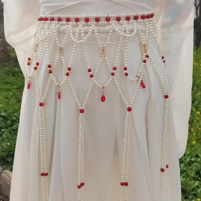 Αλυσίδα μέσης με μακριά φούντες και μαργαριτάρια, πλαστικό υλικό, διπλός δακτύλιος, 60–80 εκ, κομψή, προσαρμόσιμη